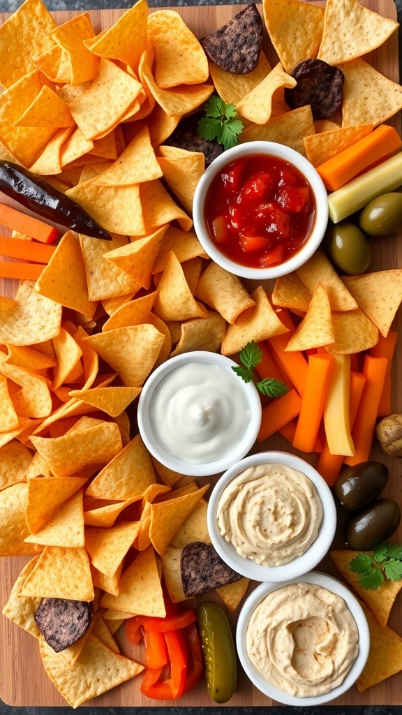 A colorful chips and dip charcuterie board with various chips and dips, surrounded by fresh vegetables and garnishes.